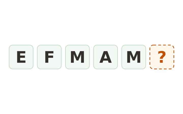 Serie de letras imprimible: las fichas E, F, M, A y M seguidas de una ficha vacía.