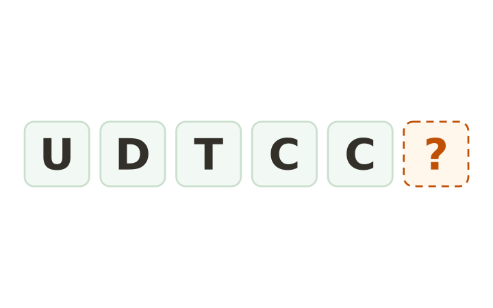 Serie de letras imprimible: las fichas U, D, T, C y C seguidas de una ficha vacía.