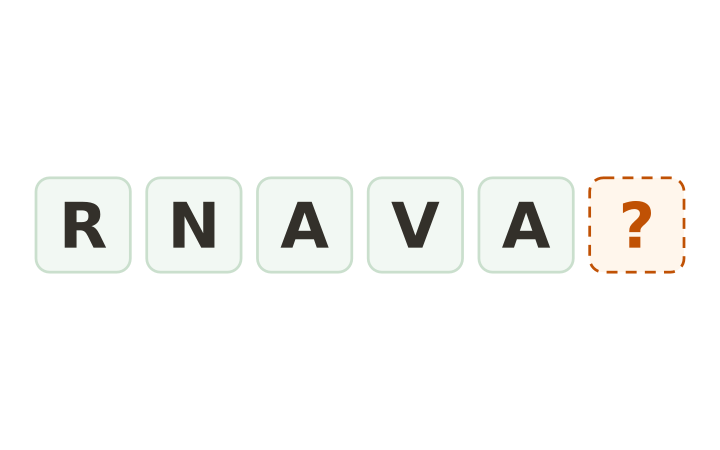 Serie de letras imprimible: las fichas R, N, A, V y A seguidas de una ficha vacía.