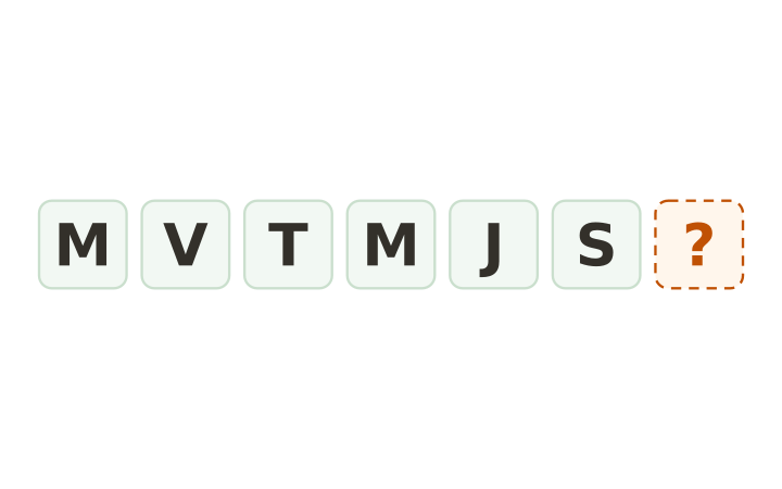 Serie de letras imprimible: las fichas M, V, T, M, J y S seguidas de una ficha vacía.