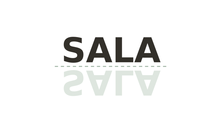 Palabra al revés imprimible: la palabra SALA sobre su reflejo difuminado.